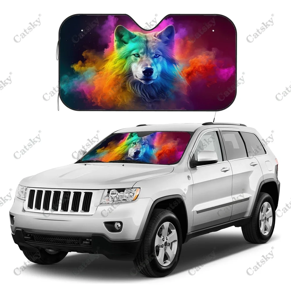 Colorful Horned Howling Wolf Car Windshield Sunshade, Front Auto Car Windshield Sun Shade Blocks Uv Rays Sun Visor Protector