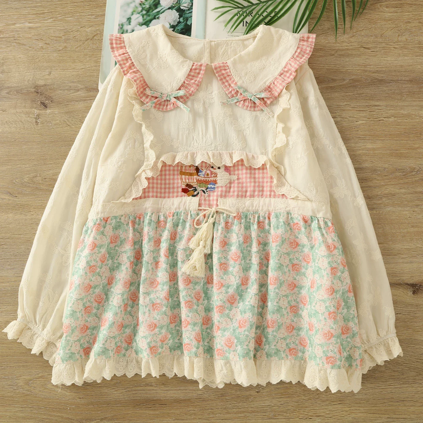 2026 Mori kei clothing Japan style sweet peter pan collar print lace patchwork shirts and blouses lolita cotton cute clothes