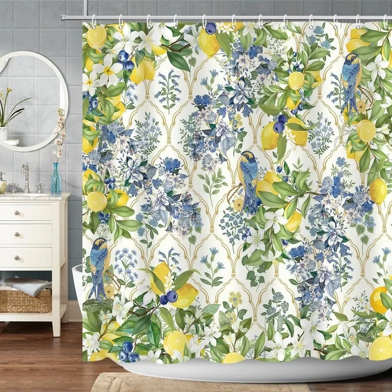 Waterproof Lemon Bird Flower Print Shower Curtain No Drill Bathroom Decor with 12 Hooks Fabric Polyester Hotel Home