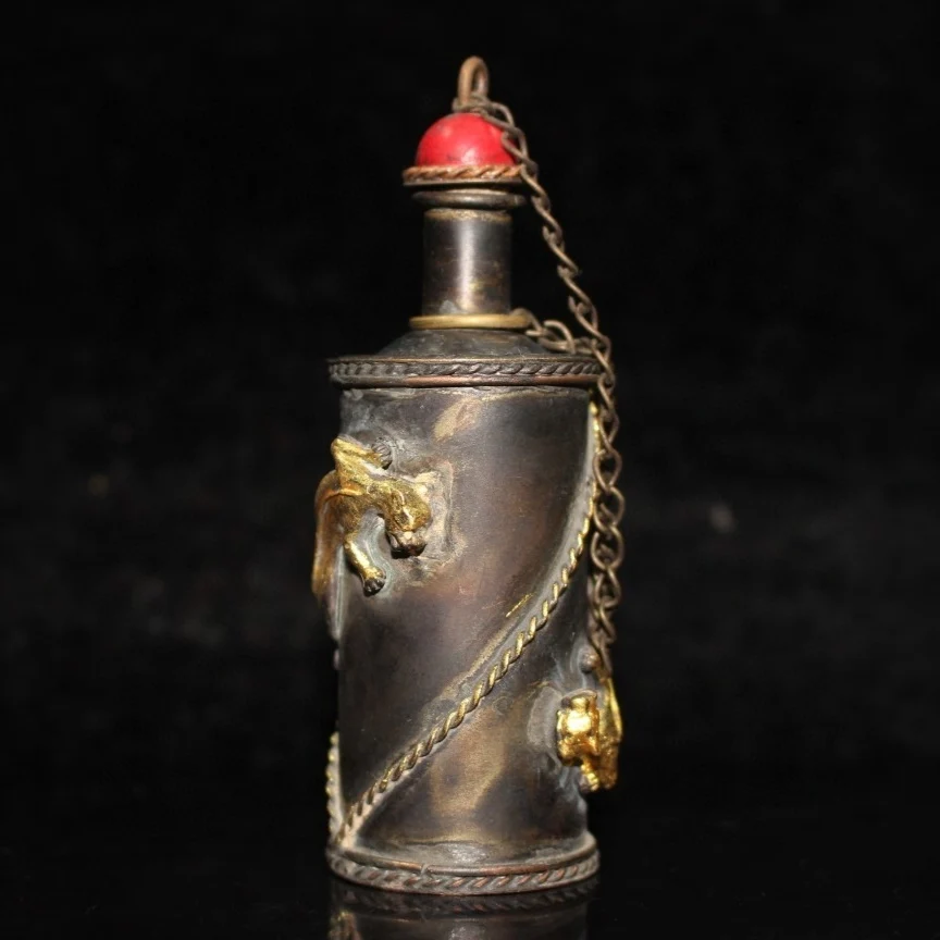 Early collection antique do old pure bronze gilt Chilong snuff bottle ornaments
