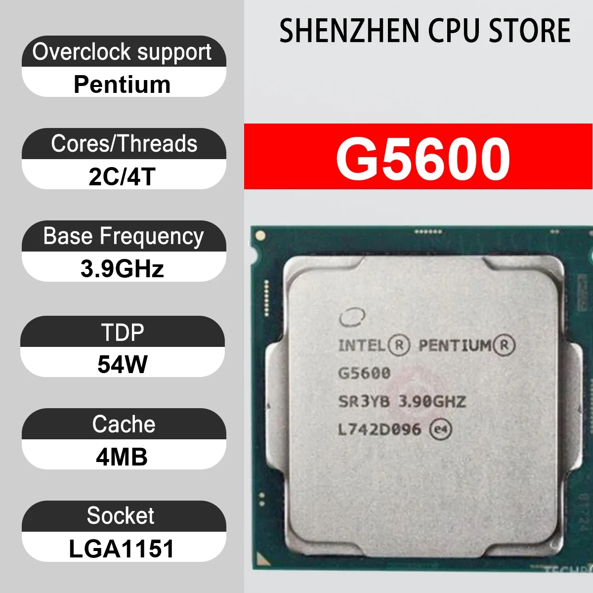 Intel Pentium G5600 2 Core 4 Thread 3.90GHz 54W 4MB Cache 14nm LGA1151 SR3YB DDR4-2400 MHz Coffee Lake UHD Graphics 630