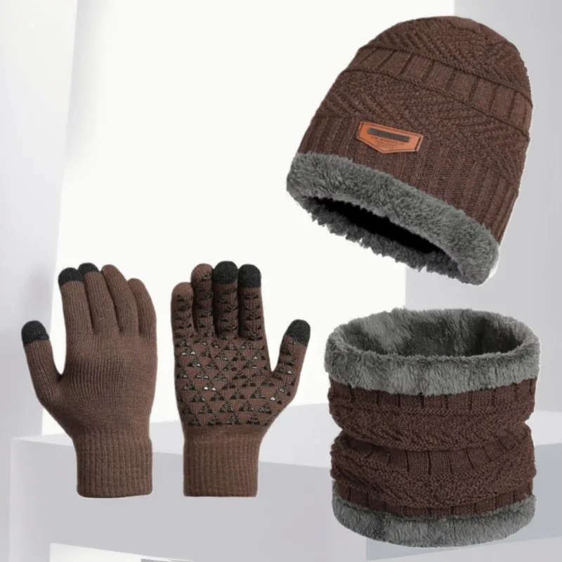 Chapéu de inverno conjunto de três peças chapéu de malha chapéu quente anti deslizamento luvas de tela de toque com cachecol de fio de veludo chapéu
