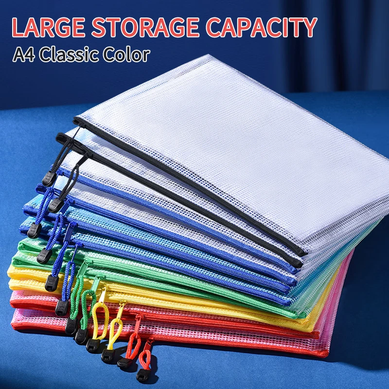

A4 Classic Color Mesh Bag Multiple Storage Contract Test Papers Study Office Supplies Zipper Waterproof Mobile Storage Supplies