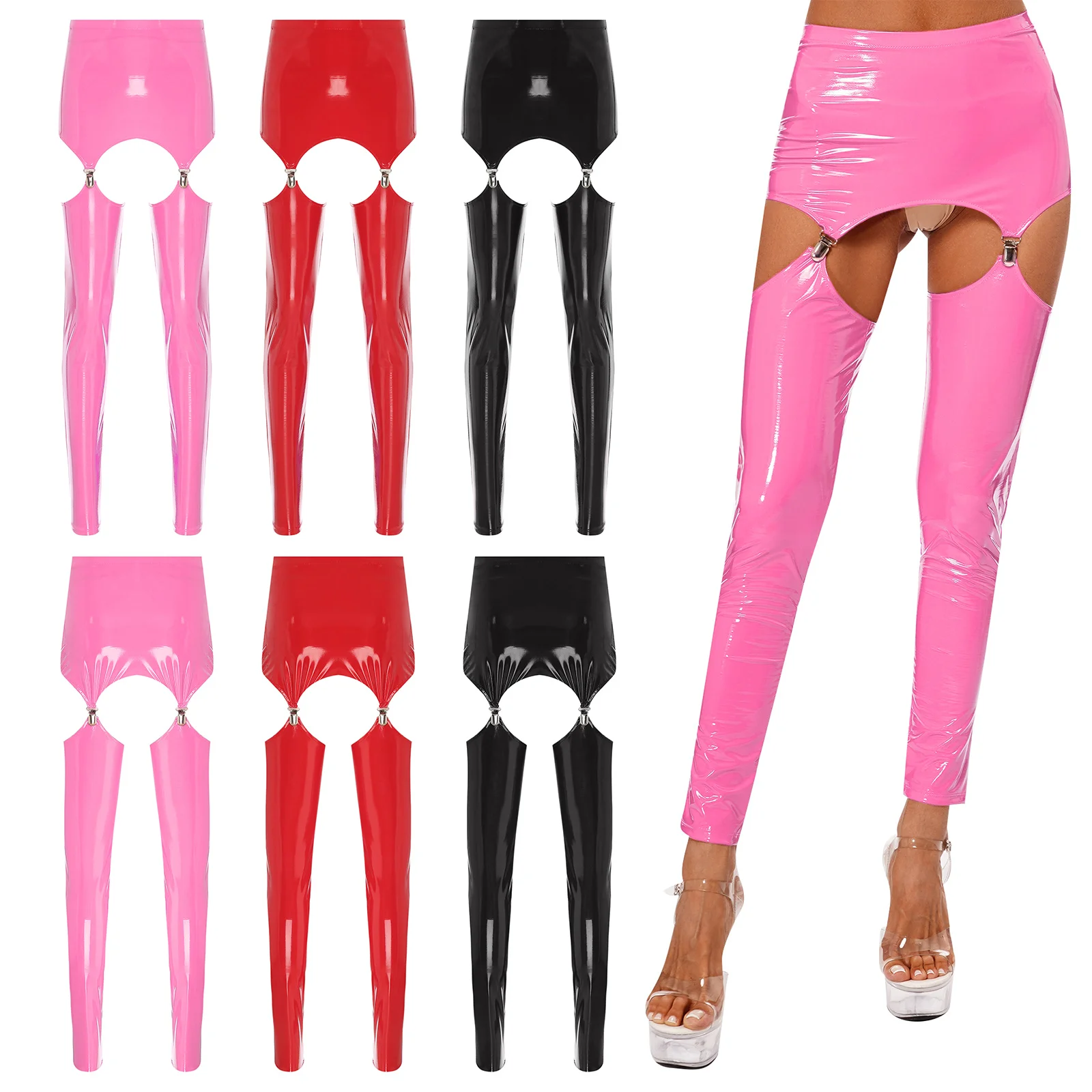 Women\'s Glossy Suspender Leggings Patent Leather Mini Skirt with Garter Clips Hollow Out Tights Long Pants Trousers Clubwear