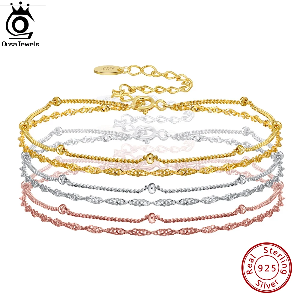 

ORSA JEWELS Soild 925 Sterling Silver Simple Double Layered Bracelet with Satellite Chain for Women Beads Chain Bracelet SB131