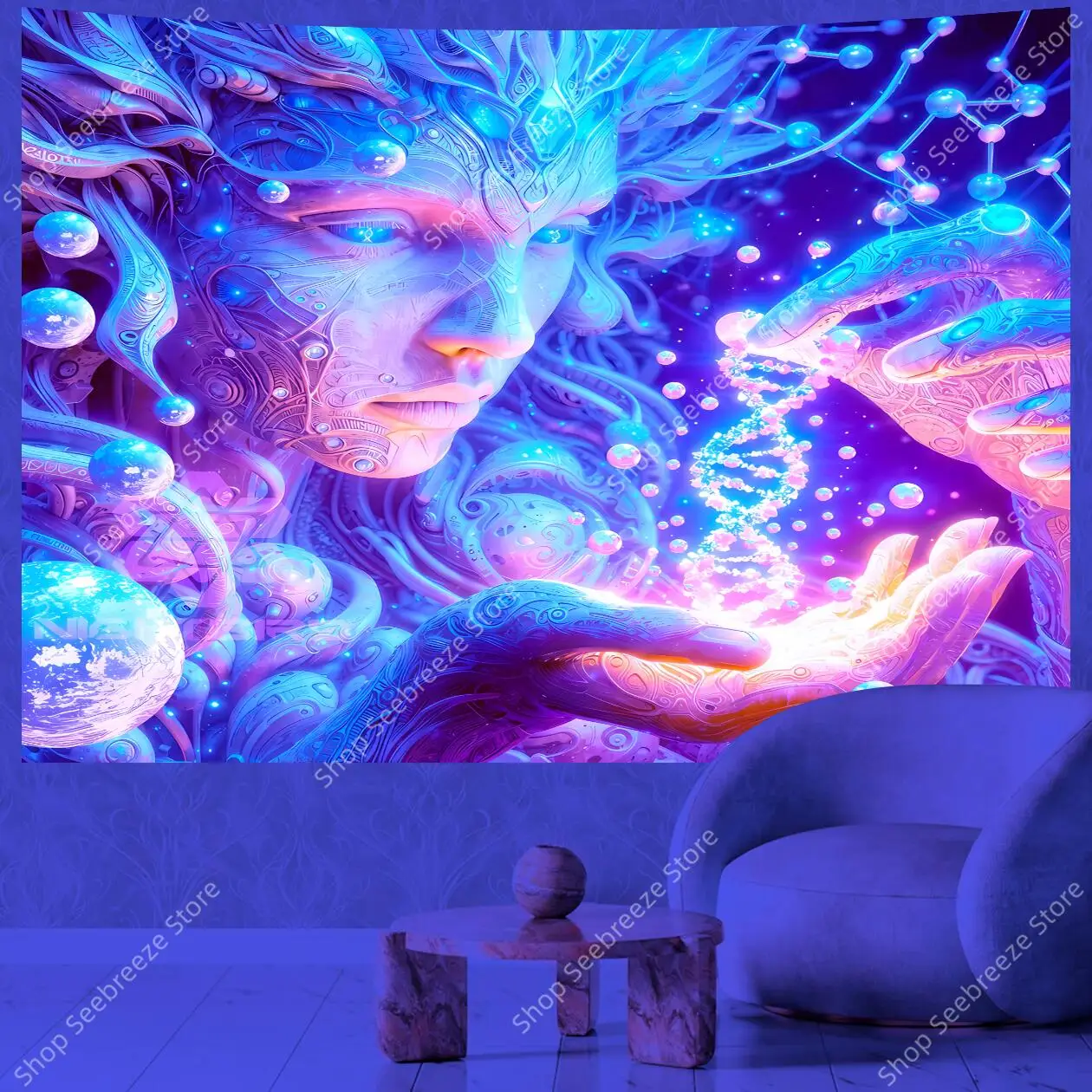 Futuristic DNA Cosmic UV Tapestry Blue Pink SciFi Wall Art for Bedroom Decor Glowing Molecular Design Boho Room Hanging