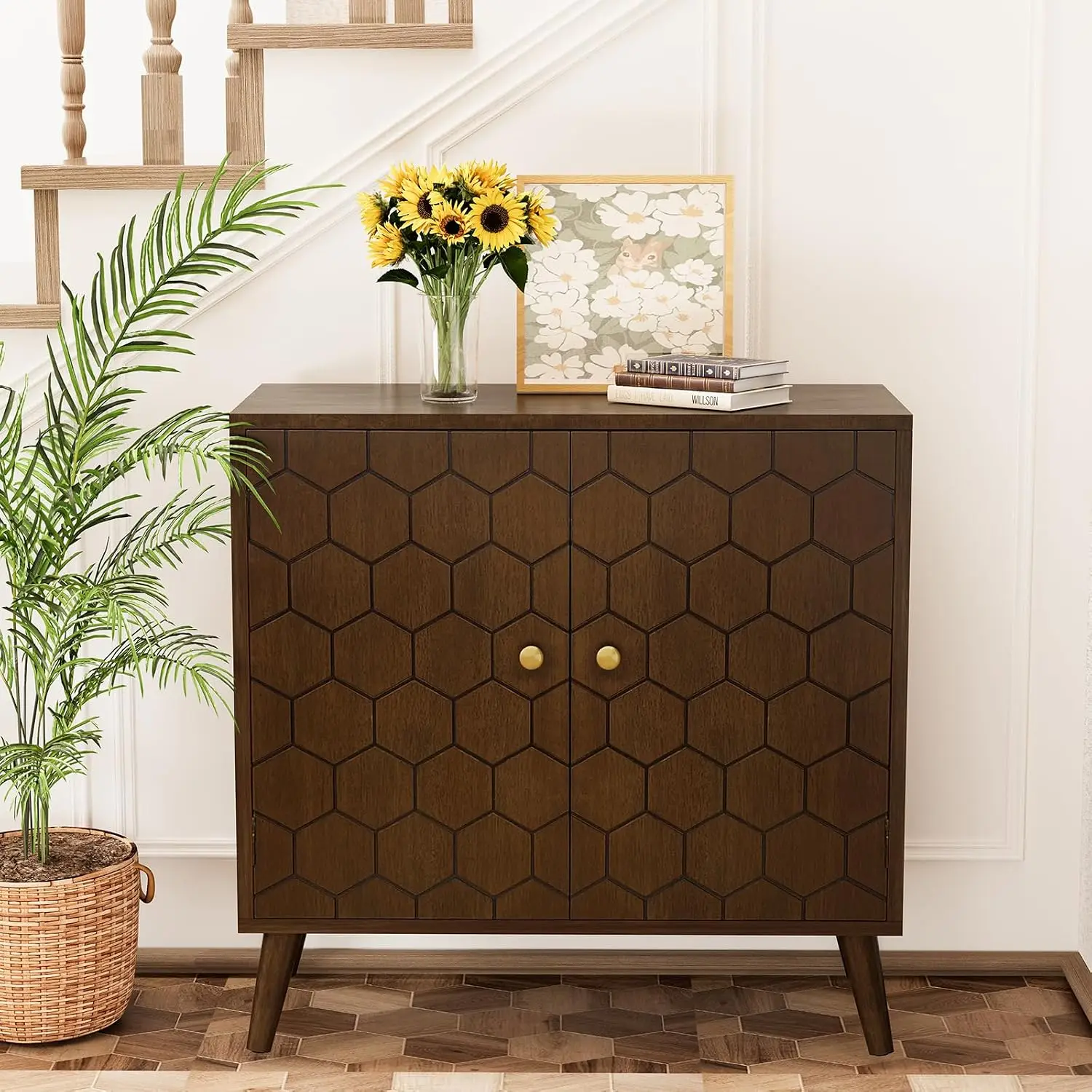 Distressed Storage Cabinet with Honeycomb Pattern, Accent Cabinet with Doors for Entryway Buffet Living Room, Customized