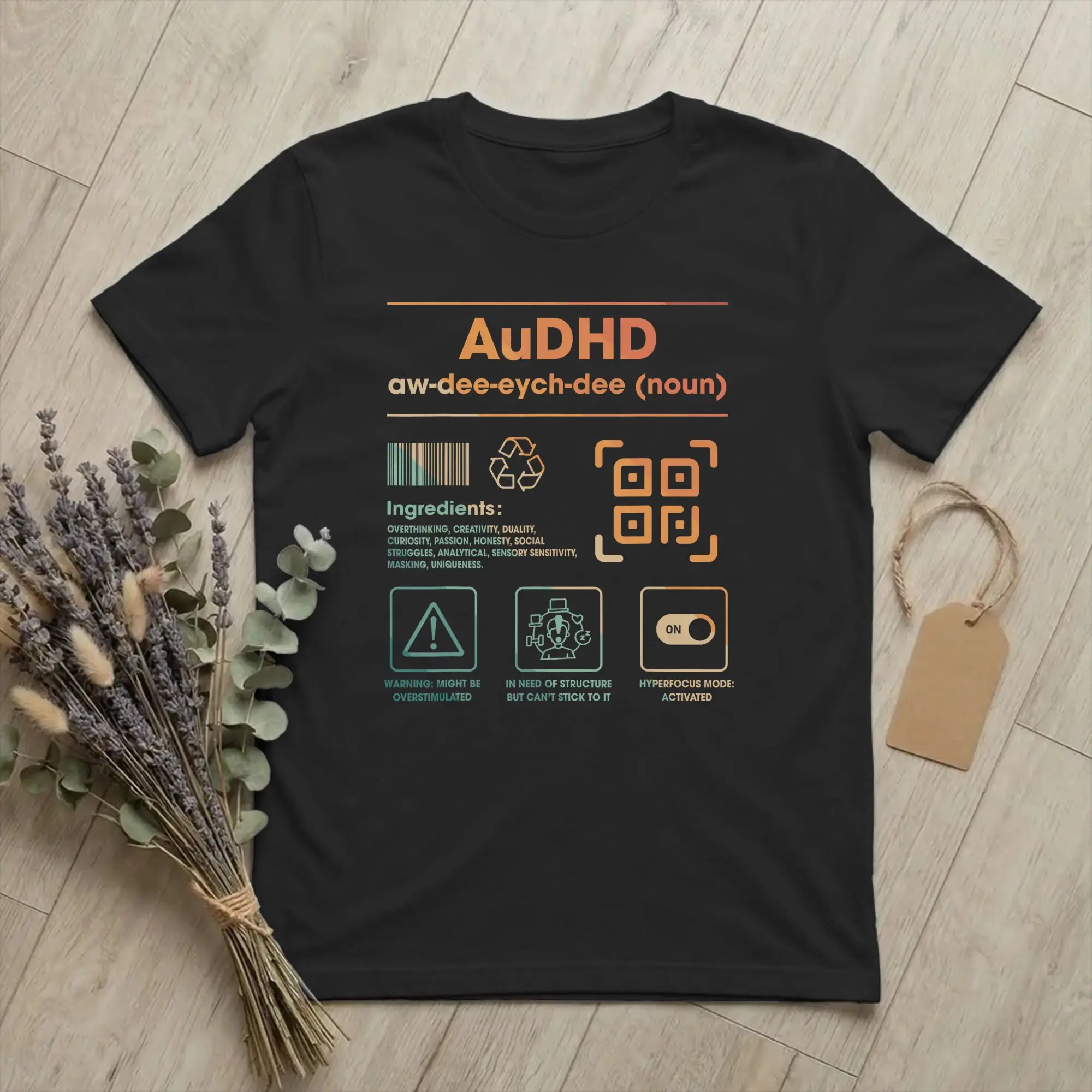 AuDHD Definition Ingredients Neurodivergent T Shirt Men Pure Cotton Funny T-Shirts Crew Neck ADHD Autism Tees Short Sleeve Tops