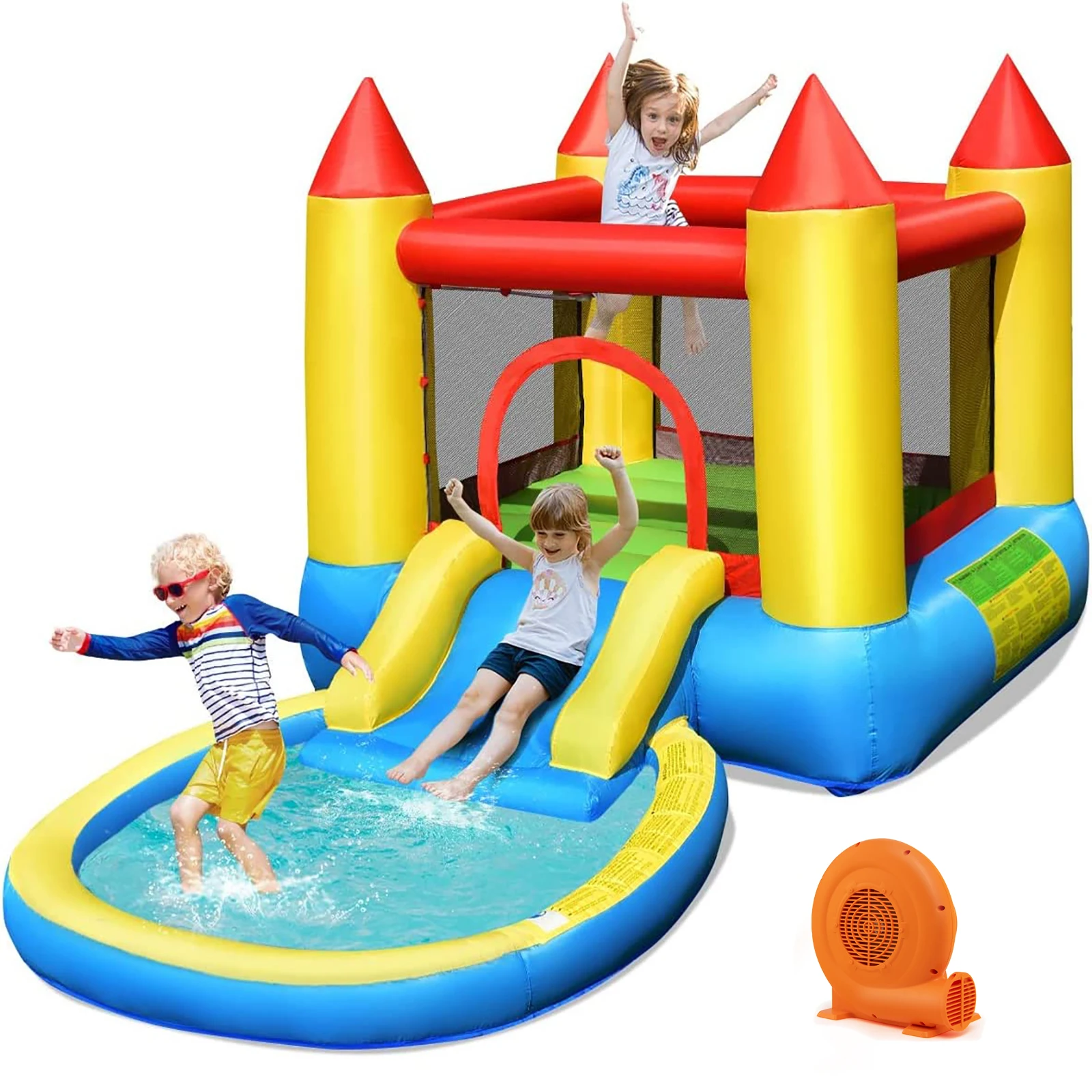 Inflatable Bounce House Kids Slide Jumping Castle Bouncer w/Pool and 550W Blower