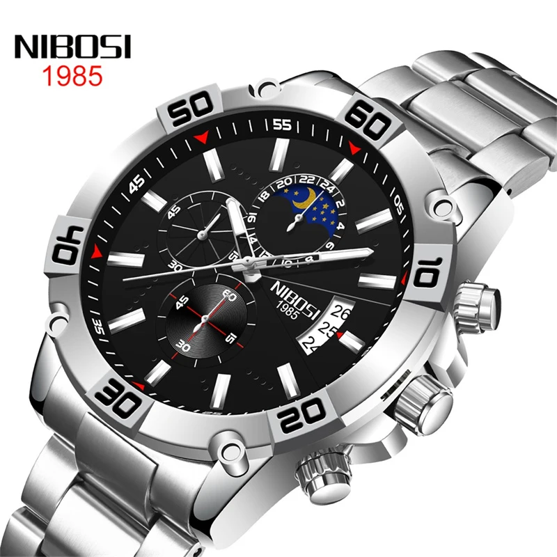 NIBOSI Luxury Chronograph Quartz Watch for Men Stainless Steel Waterproof Luminous Date Fashion Mens Watches Relogio Masculino