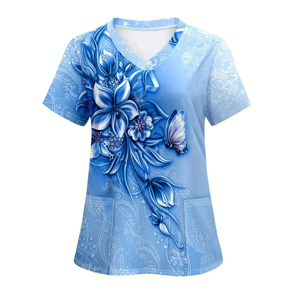 Scrub Medical Woman Floral Print Vet Nursing Tops For Woman 3D Flower Print Female Short Sleeve Summer Women's T-shirt Tee 2025