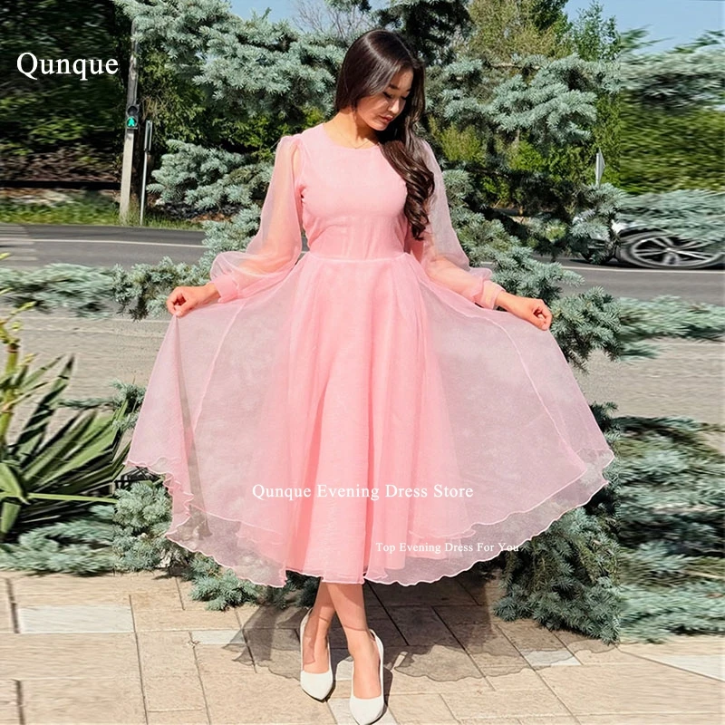 

Qunque Elegant Organza Evening Dresses for Women Tea Length Evening Dresses New Pink Special Occasion Robes De Soirée Customized