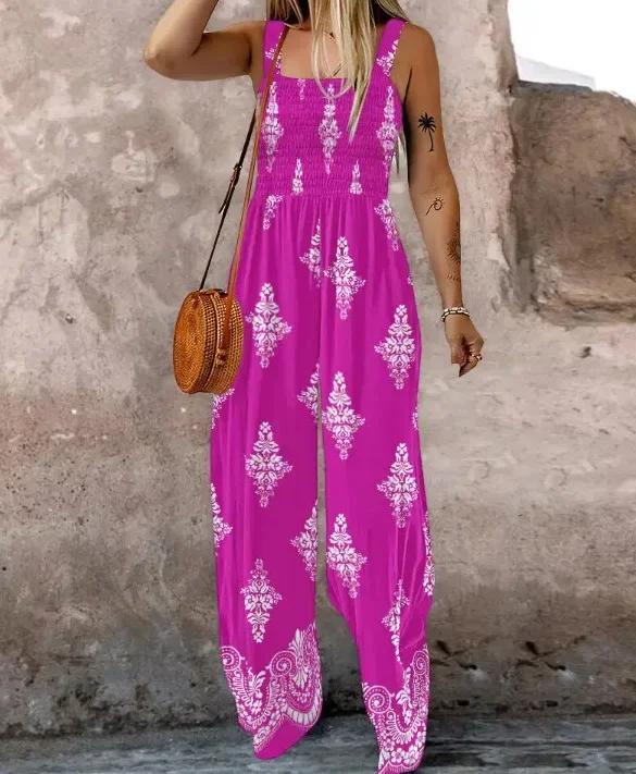 여성용 패셔너블한 점프수트, 봄 여름 캐주얼 데일리용 민소매 백리스 와이드 레그 점프수트, 프린트 포켓 포함