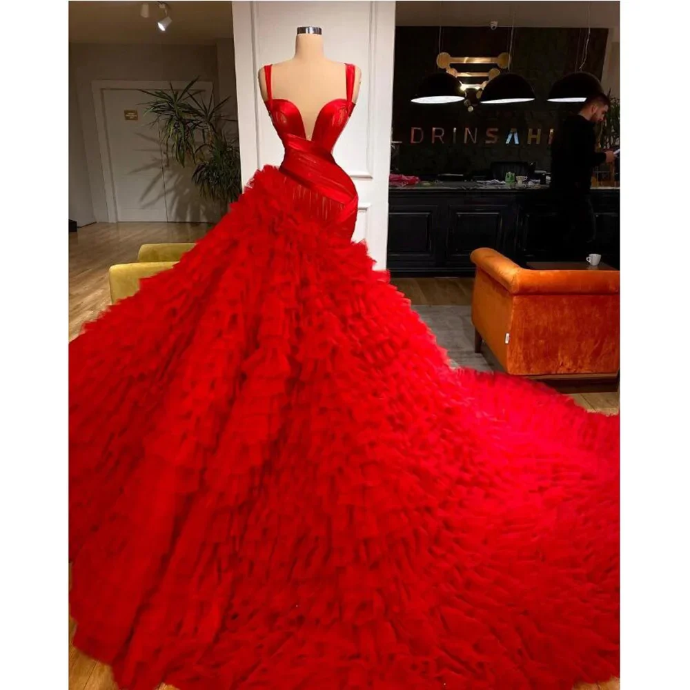 Puff Red Organza Tiered Pleat Evening Dress Sleeveless Chapel Train Spaghetti Strapless Formal Long Prom Party Wedding Dresses