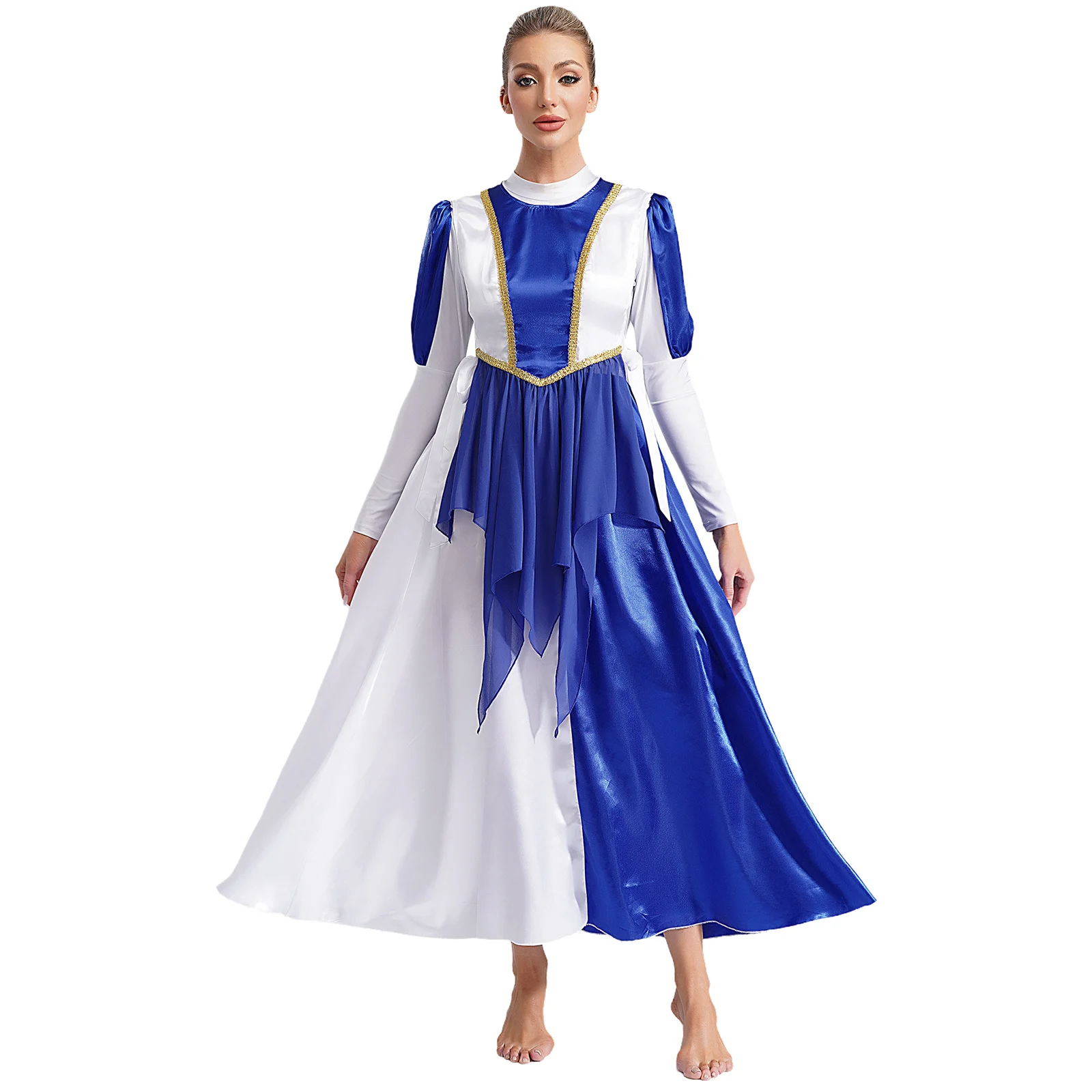 Women Liturgical Dance Outfit Color Block Worship Praise Dancewear Long Sleeve Tunic Maxi Dress and Sides Split Lace-up Vest