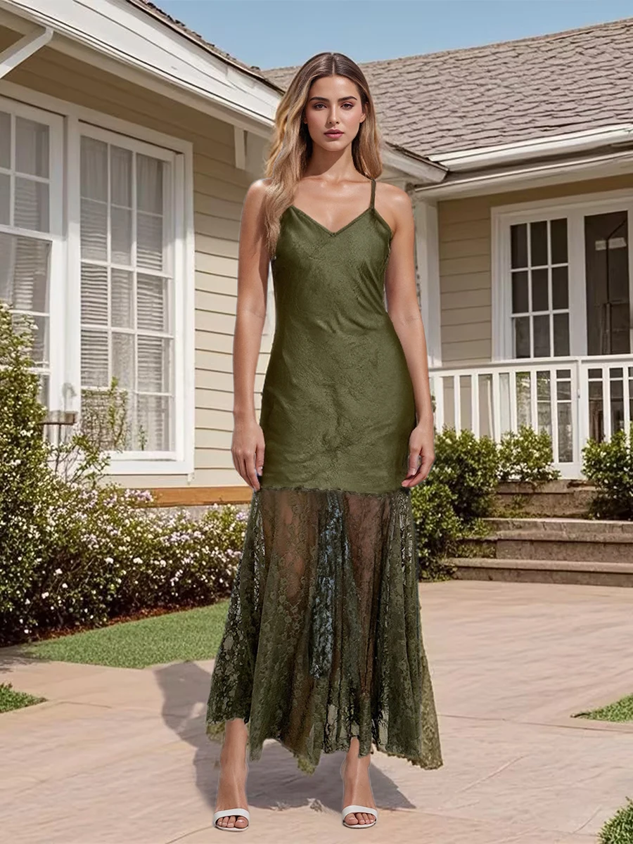 Nuovo abito lungo da donna patchwork in pizzo con scollo a V cinturino per spaghetti abito Cami moda estiva abito casual senza maniche SML