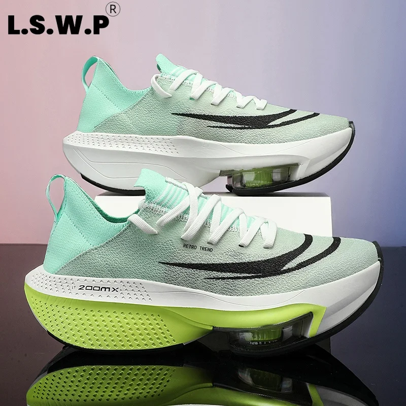 Men's Running Shoes, Tennis Shoes, Professional Marathon Carbon Plate Running Shoes, Transparent Large Air Cushion, High-Elastic Shock Absorption, Fly-Knit Mesh Breathable Lightweight Shoes, Student Physical Exam Speed Racing Outdoor Jogging Fitness Sports Shoes
