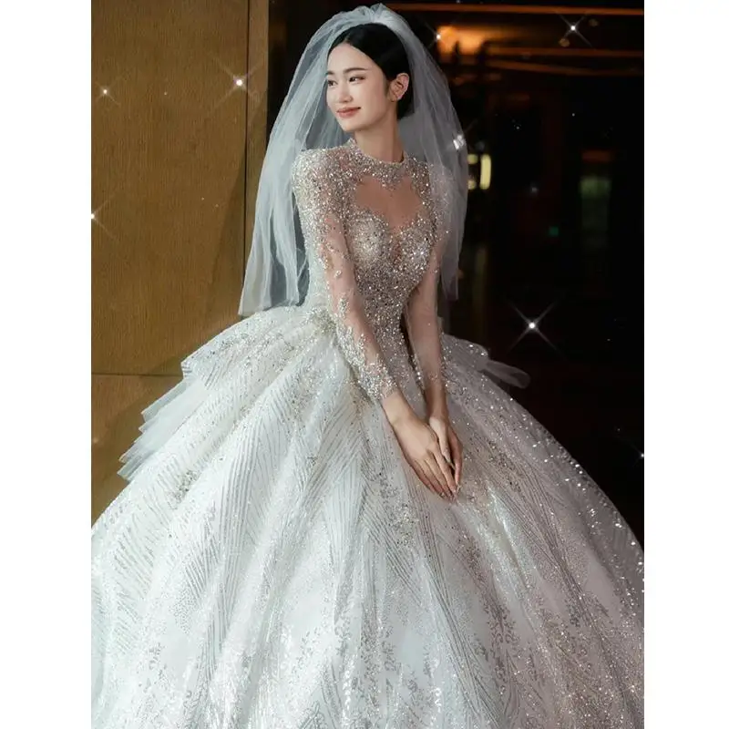 High-End Wedding Dress for plus Size Women Long Sleeve Heavy Embroidery Train Elegant Court Style Bright Sequins mid Waist