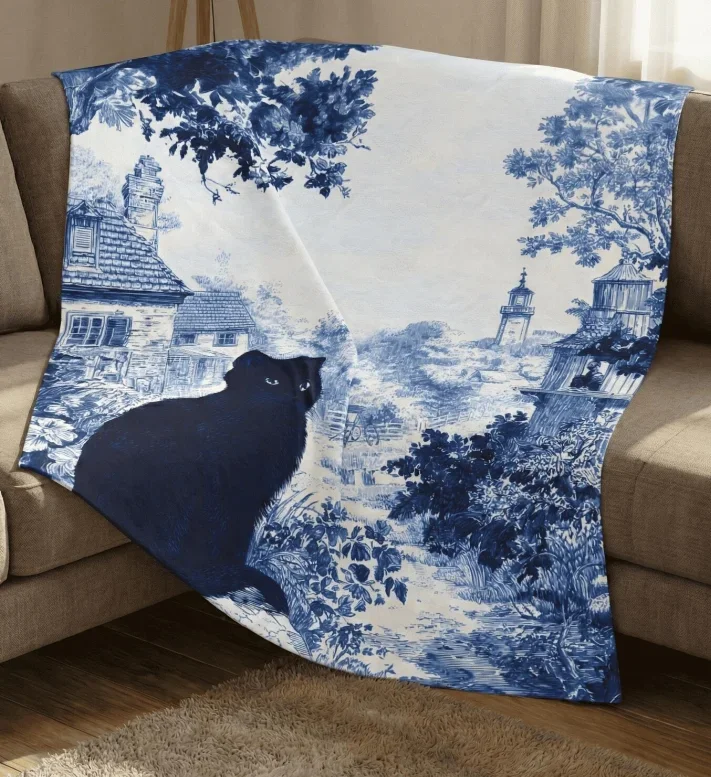 Black Cat Toile Blanket Blue and White Vintage Scenic Throw, French Country Cottagecore Decor, Cozy Blanket Home Decoration