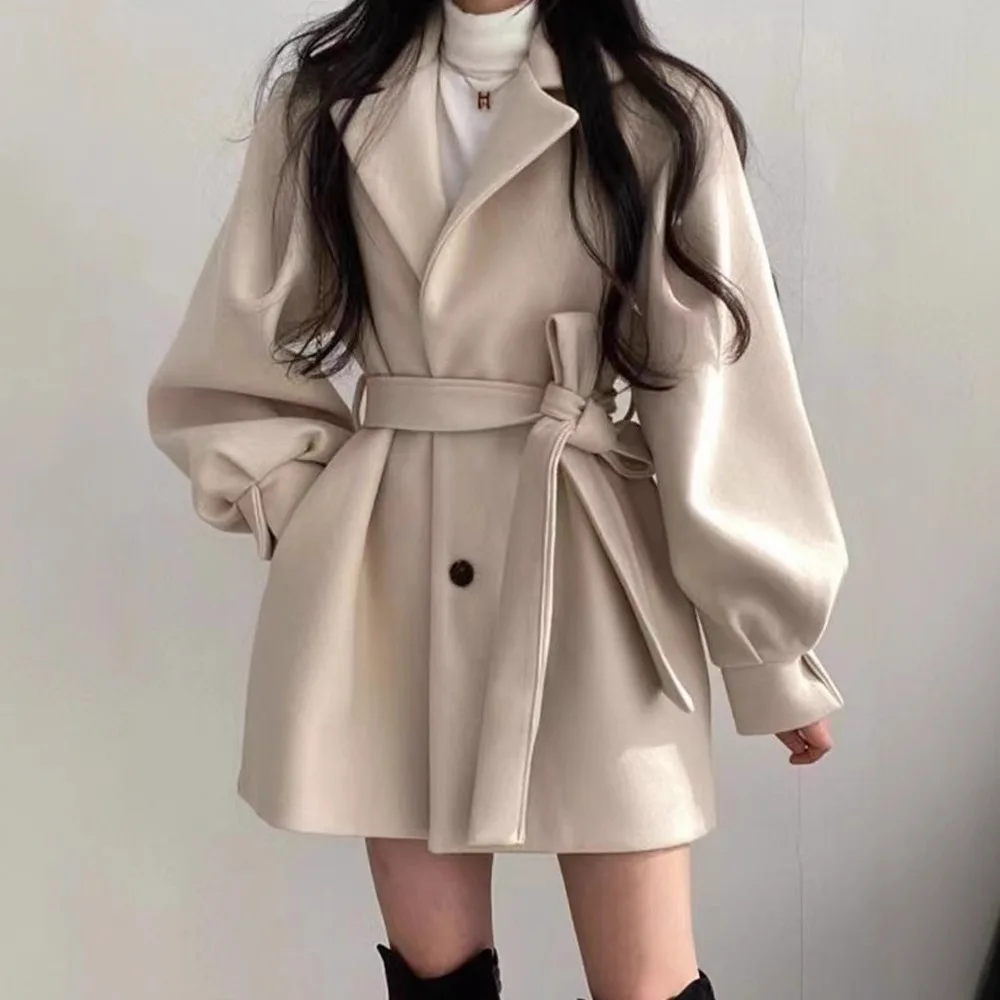 

Women Solid Wool Blend Coat Slim Fit Belt Coats Female Warm Cotton Thicker V-neck Office Lady Elegant Trendy Button Outwear Ins