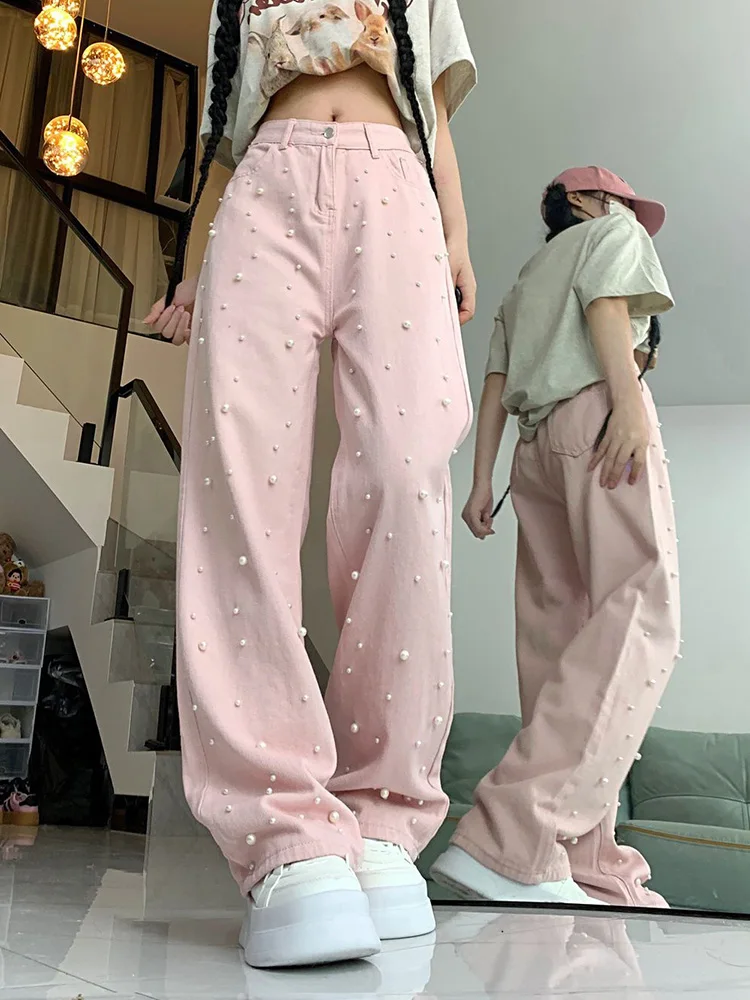 Zoki Sweet Pearl Pink Jeans Women High Waist Loose Vintage Design Denim Pants Casual Preppy Style Retro Cute Elegant Trousers