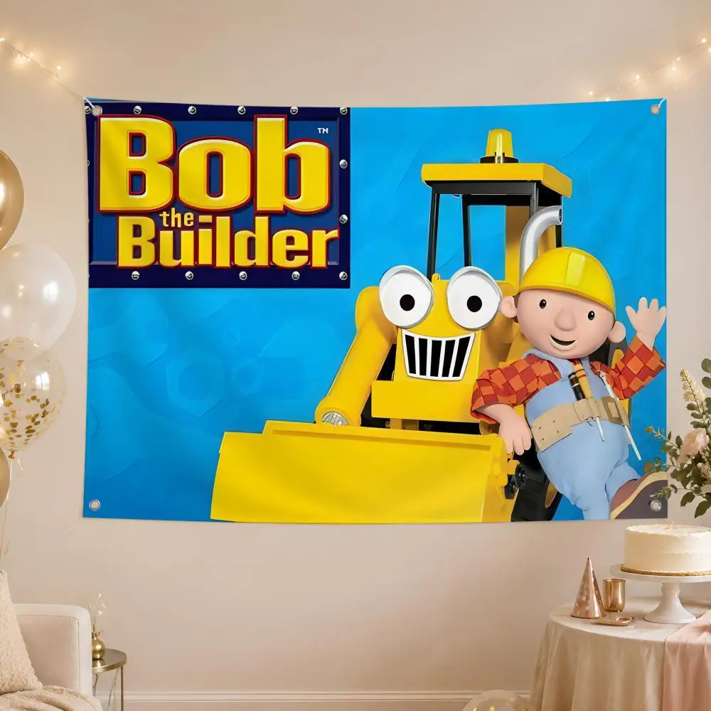 Banderas de dibujos animados de Bob el Constructor para niños, pancarta de fan, tapiz para colgar en la pared, decoración para garaje, bar, dormitorio, campamento, fiesta, exterior, hogar, regalo.