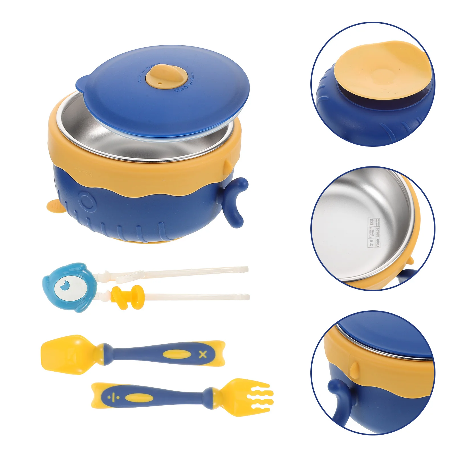 

4Pcs 316 Stainless Steel Baby Bowls Heat Resistant Noodle Soup Bowls with Lid Spoon Fork Chopsticks for Toddlers Sky-Blue