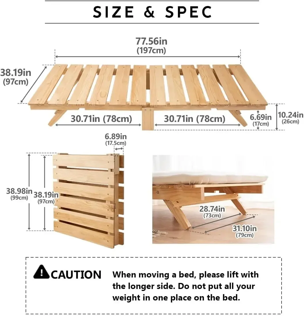 BestsellerFoldable Wood Slatted Floor Bed Frame OSMOS Twin Solid Pine (Earth-Natural), Easy Assembly Space Saving Storable Floor
