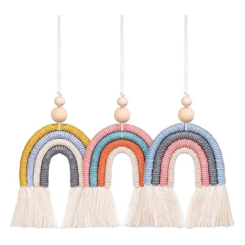 3Pcs Boho Rainbow Car Charm Macrame Rainbow Car Diffuser Wooden Beads Car And Home Hanging Decor