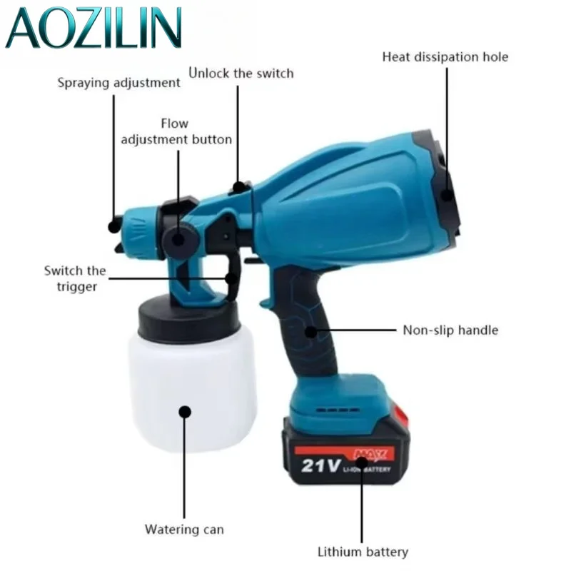 AOZILIN Cordless Electric Paint Sprayer 800ml Lithium Battery Portable High Power Handheld Spray Gun For Home Garden Painting