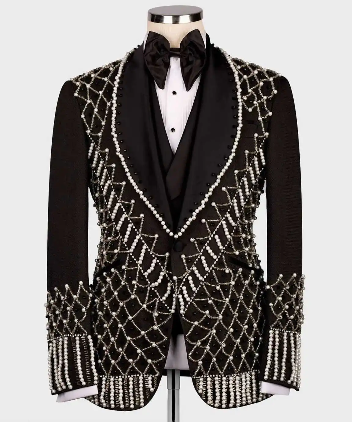 Men's 3-Piece Suit Pearl Rhinestone Satin Lapel Formal Set Blazer Vest Pants for High-End Parties & Formal Events Customized