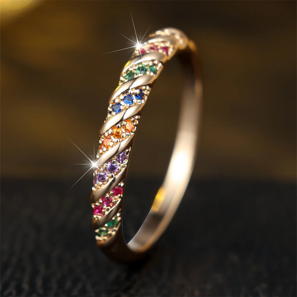 Multicolor Zircon Small Round Stone Rings For Women Vintage Gold Color Wedding Bands Jewelry Valentine's Day Gifts