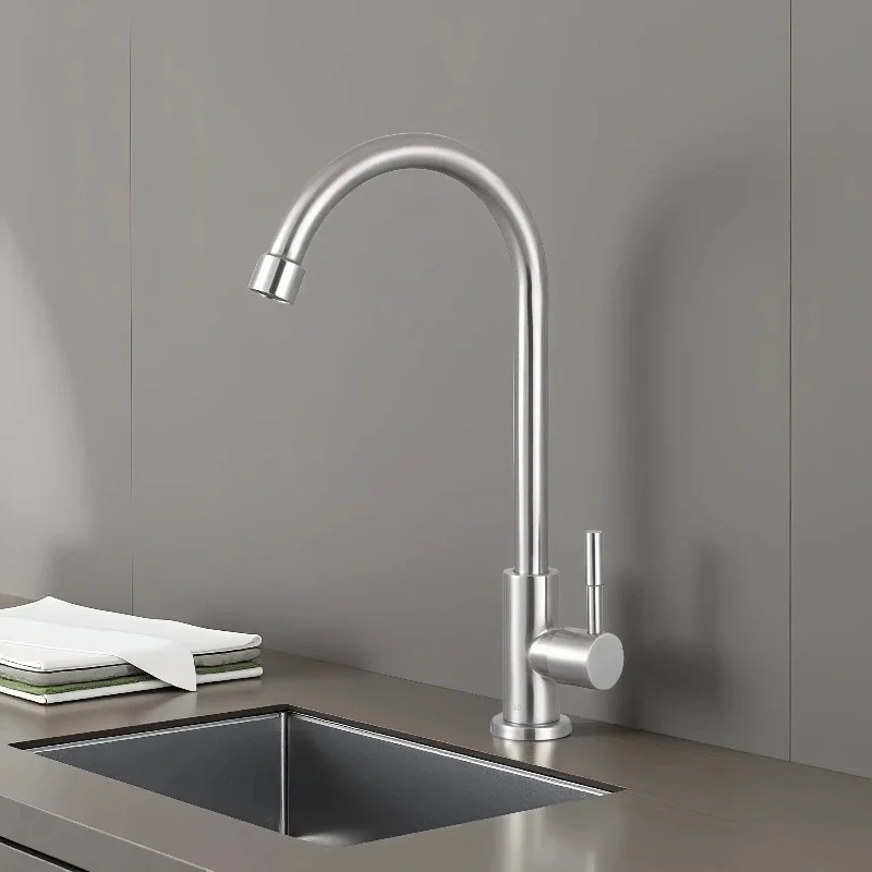 304 stainless steel single cooling faucet, household kitchen sink brushed vertical rotating faucet, wall faucet