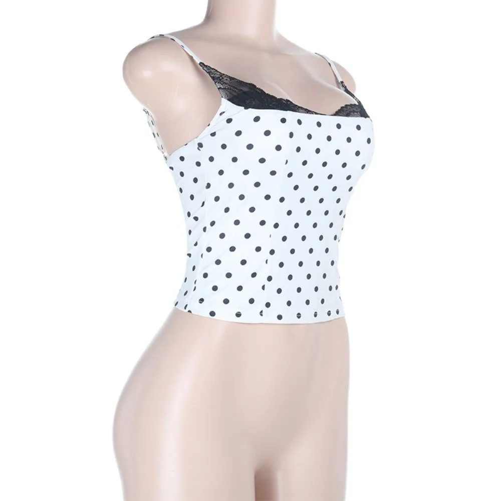 Neues Spitzen-Camisole-Top mit Spitzeneinsätzen, ärmelloses Design mit Polka Dots, Polka-Dot-Top, trendiges Slim-Fit-Top, Y2K-Mode