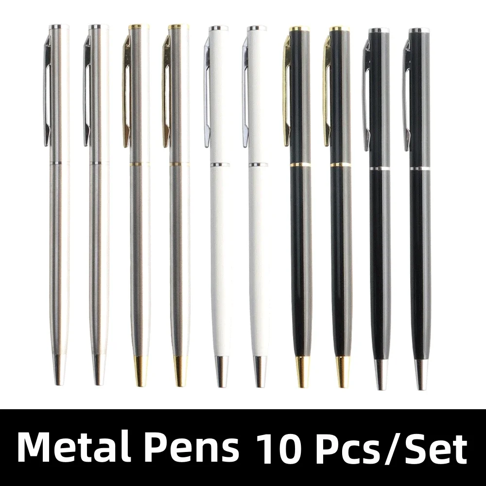 10 Pcs/Set Metal Ballpoint Pens Stainless Steel Pen 0.7mm Blue Black Ink Rotating Style Ball Pens Stationery For School  Supplie