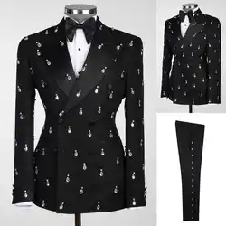 Large Crystal Groom Wedding Tuxedos2 Pieces Slim Fit Black Double Breasted Mens Suits Banquet Formal Wear