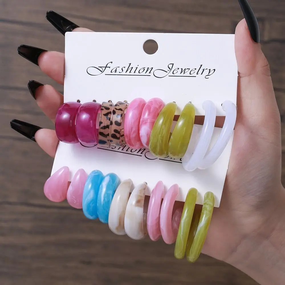 New Colorful Acrylic Earring Sets for Women Vintage Geometric C-Shaped Resin Hoop Earrings Fashion Jewelry Gifts