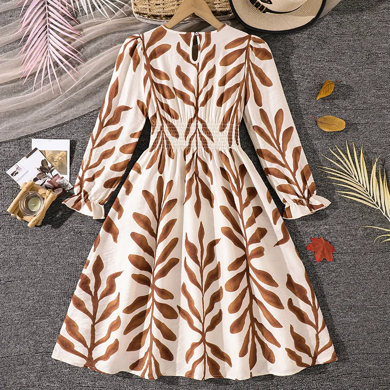 Teen Girls Retro Botanical Print Dress, Back Keyhole Smocked Waist Flared Hem Long Sleeve Casual Kids Spring Midi Dress