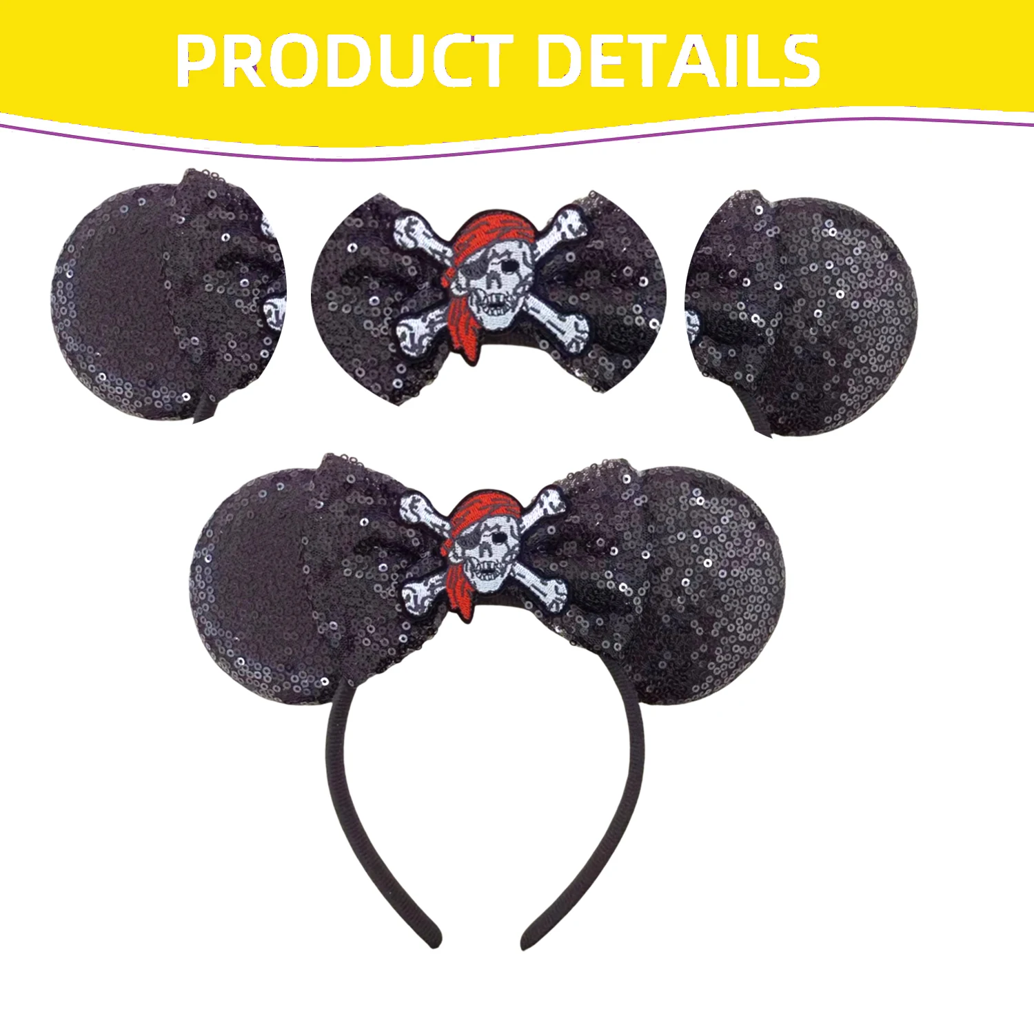 Skull Crossbones Pirate Mickey Mouse Ear Headband Bat Pumpkin Bow Halloween Hairband Festival Party Cosplay Hair Accessories