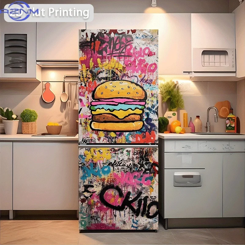 2D Flat Printing No 3D 1pc Refrigerator Sticker 60x180cm Cartoon Hamburger on a Graffiti Background Themed Scene Wall Decal Se