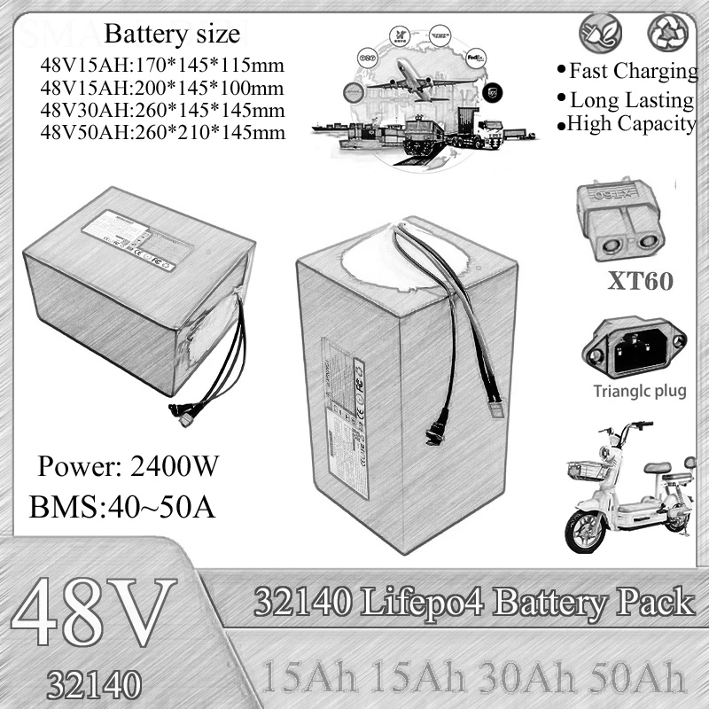 new 48V 30Ah 15Ah 50Ah 32140 LiFePO4 battery pack Grade A 32140 16S 2500W 5C High Power&High capacity E-tool motorcycle scooter