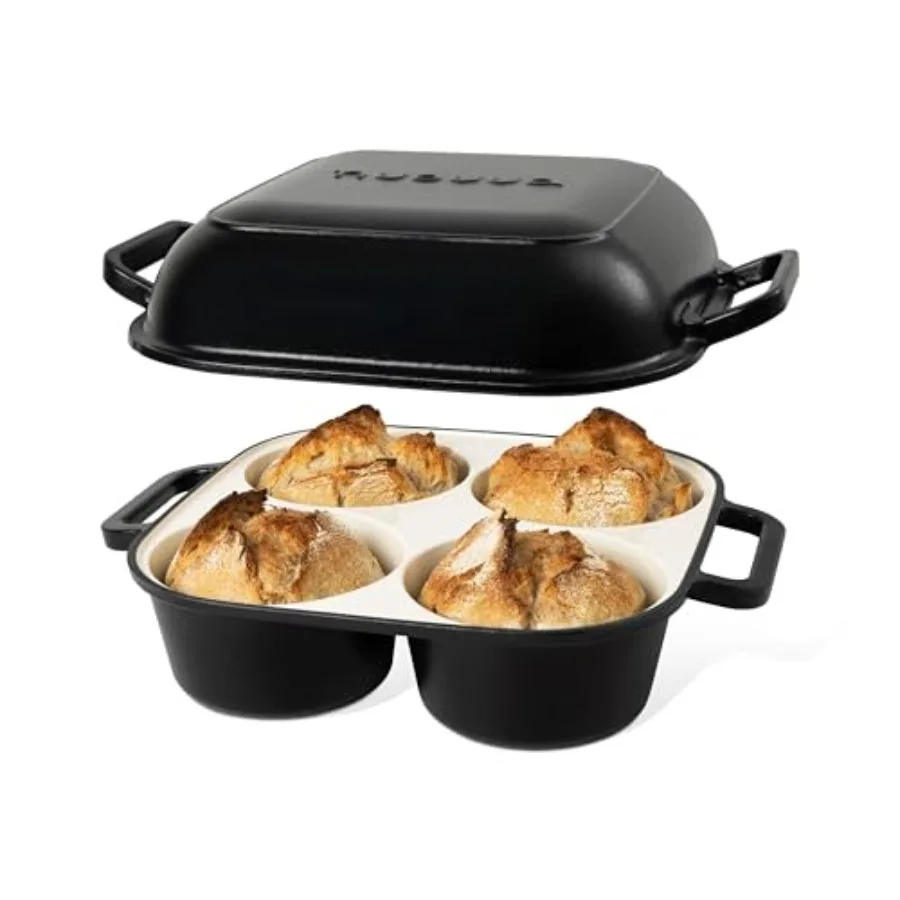 

Sourdough bread baking Dutch oven enameled cast iron loaf pot black 500F oven safe non-stick 4 round loaf spaces 4.90-inch diam
