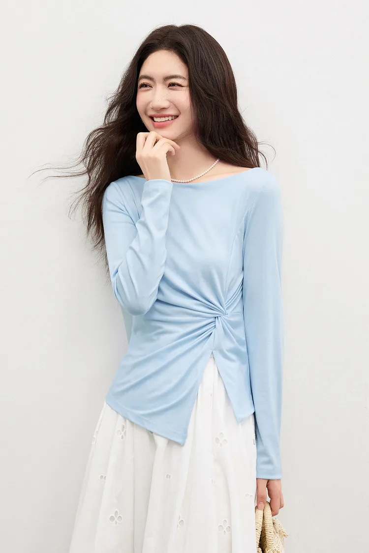 SENTUBILA Lyocell-T-Shirts für Damen, Frühling 2026, schulterfreier Ausschnitt, verdrehter, unregelmäßiger Saum, schlichte Strickoberteile W61TL5033 – Detail 14