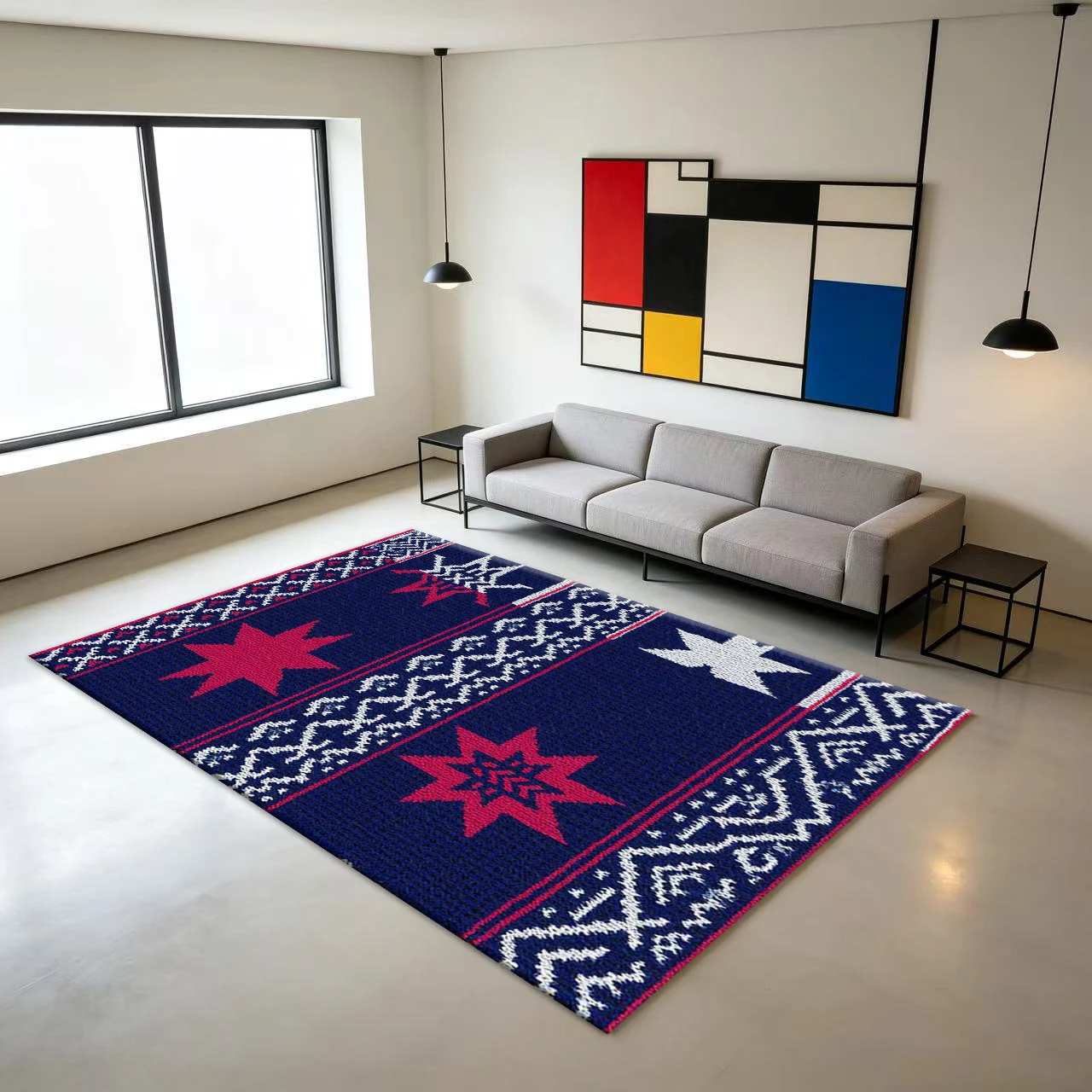 Navy Red Star Tribal Woven Carpet Floor Decorations Ethnic Geometric Pattern Non-Slip Home Carpet