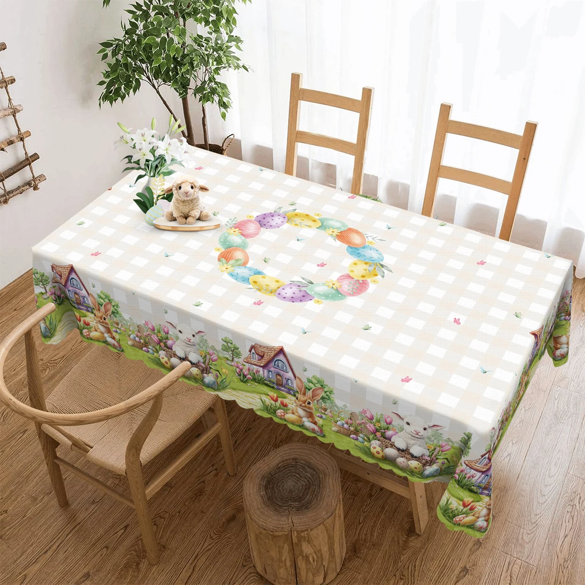 Pastoral Easter-Themed Tablecloth, Featuring Cute Animals, Rabbits, Easter Eggs, Houses, Tulips and Other Flowers, Butterflies, Classic Plaid Style Print, Multiple Size Options, Embossed Edges, Waterproof, Wrinkle-Resistant, Fade-Resistant, Available in Round and Rectangular Shapes, Suitable for Indoor and Outdoor Dining Tables in Spring, Summer, Autumn, and Winter, Ideal for Home, Kitchen, Restaurant, Terrace, Courtyard Use, Buffet Outdoor Parties and Camping, Perfect as a Gift H187