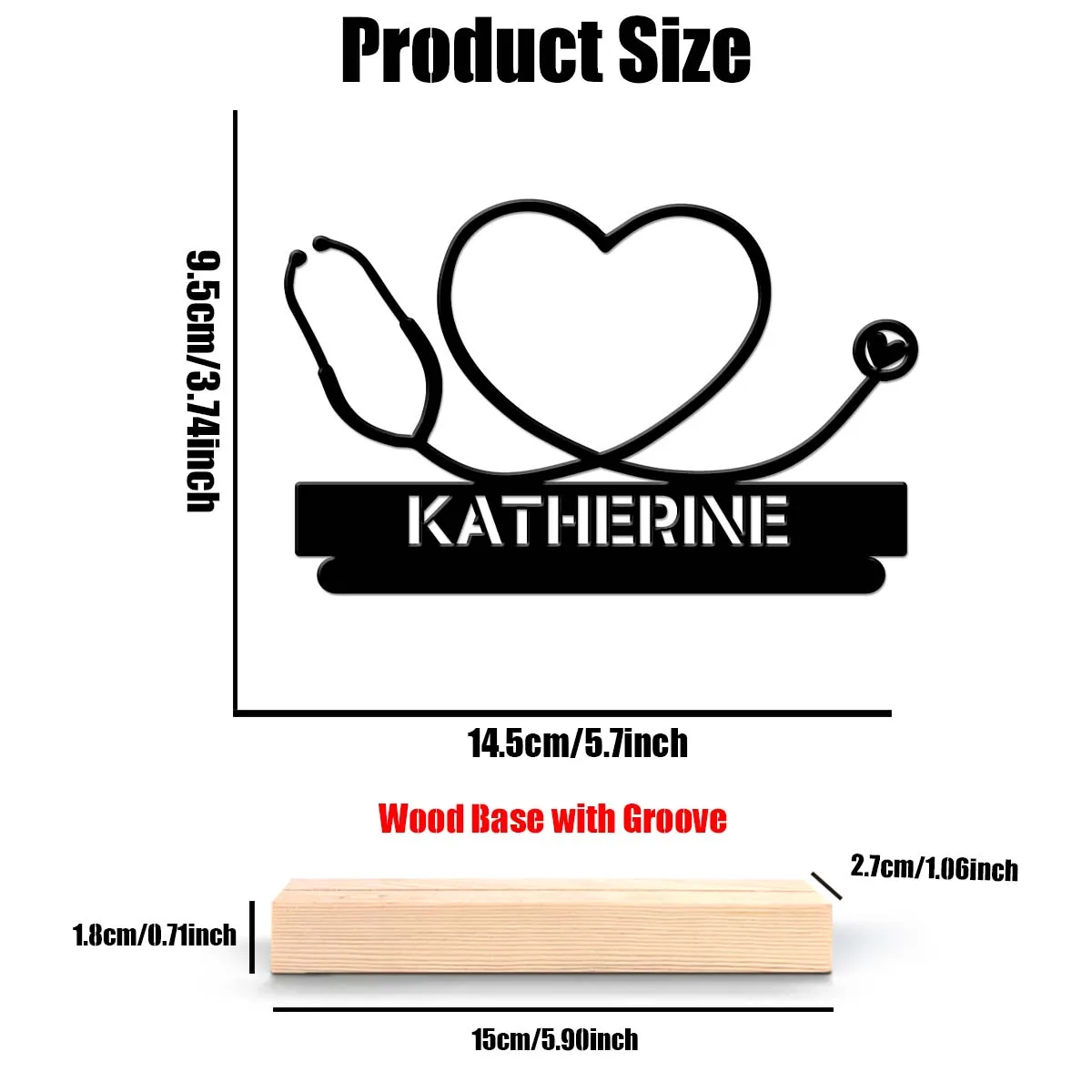 1Pc Csutom Name Heart Stethoscope Wooden Base Metal Art Ornament,Home Office Hotel Cafe Club Decor,Ideal Gift for Family Friends