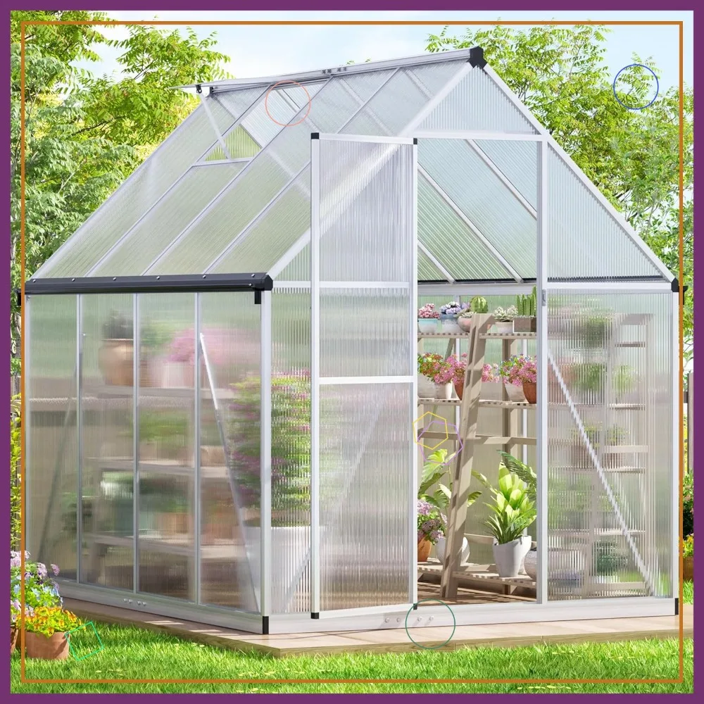 

Теплица из поликарбоната 6x8 футов с алюминиевой рамой, быстрой сборкой и вентиляционным отверстием на крыше для наружного сада на заднем дворе