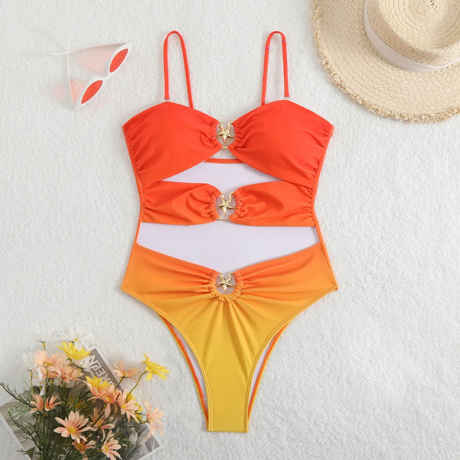 

Sexy Orange Gradient One Piece Swimsuit Women 2025 Hollow Starfish Metal Desginer Pleate Swimwear Beach Bathing Suit Monokini