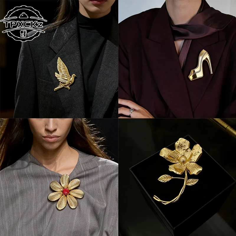 Broche Vintage de Gran Tamaño en Tono Dorado con Diseño de Pájaro, Tacón Alto y Flor, Pin de Solapa para Traje o Abrigo de Mujer