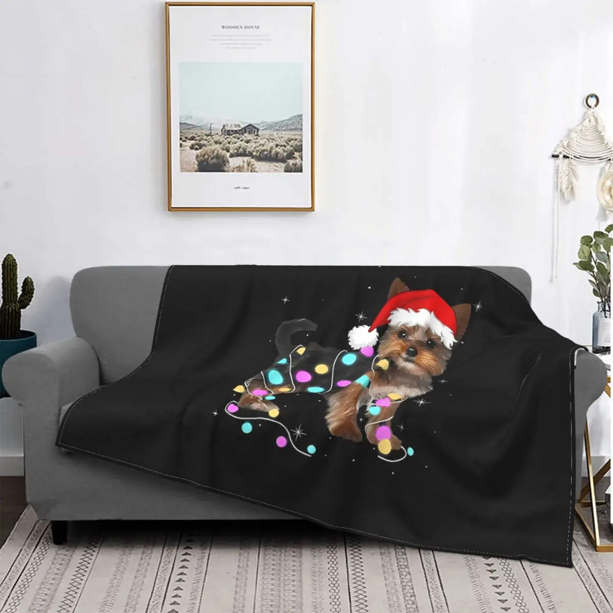 Cute Terrier Santa Hat Christmas Light Yorkshire Cartoon Blanket Fleece Spring Thin Throw Blankets For bed Plush Thin Quilt